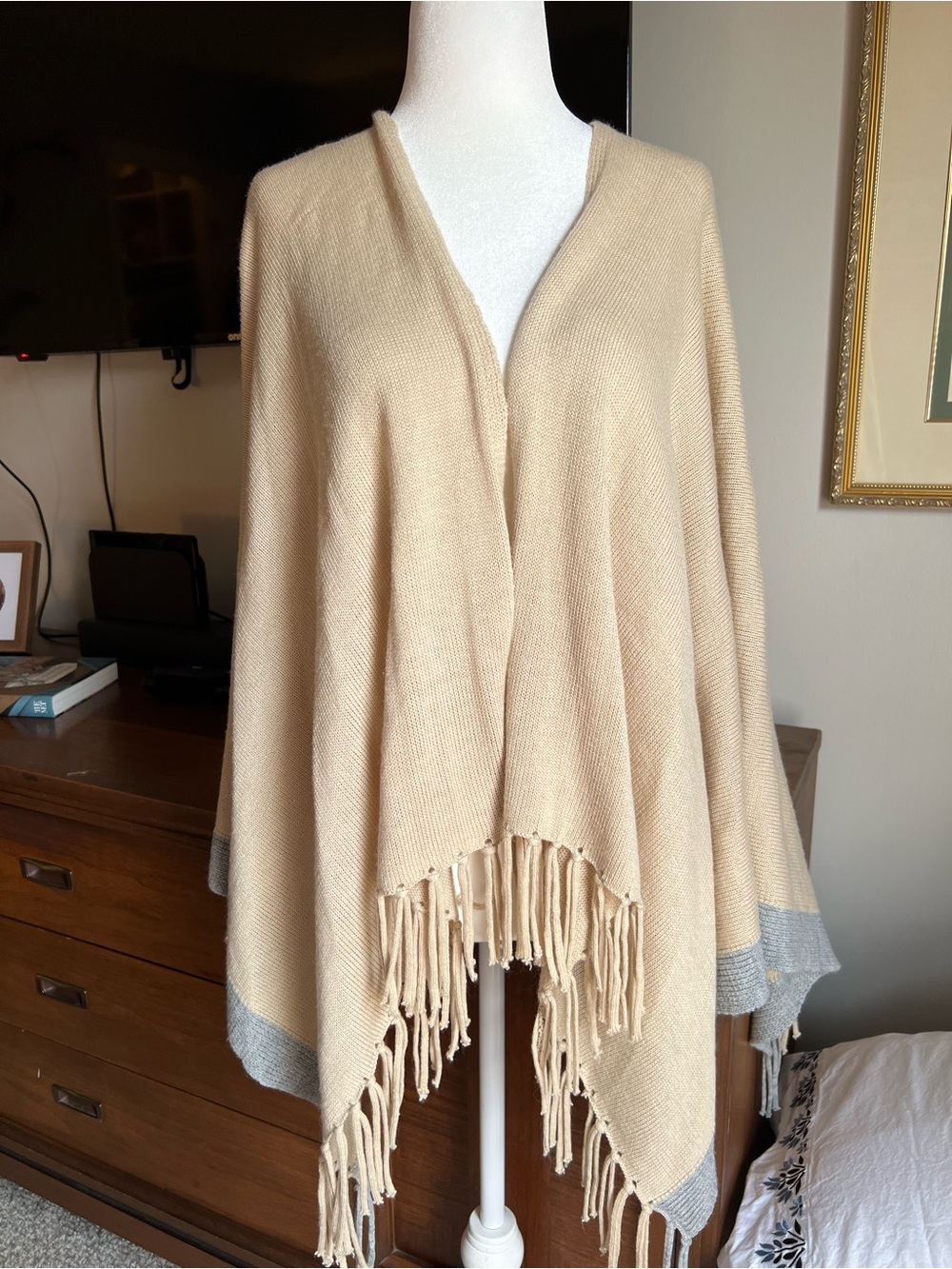BONGO Beige Knit Fringe Poncho with Gray Trim